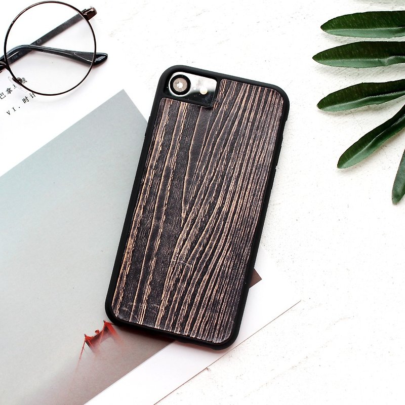 Black wood texture iphone11pro xs max xr 7 8 plus x leather phone case - เคส/ซองมือถือ - หนังแท้ สีดำ