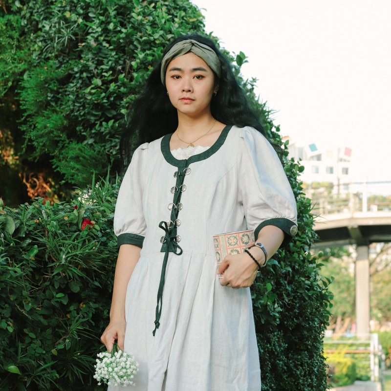 Bavarian dress 026, off-white five-point sleeve dress [Tsubasa.Y Vintage House] - One Piece Dresses - Cotton & Hemp White