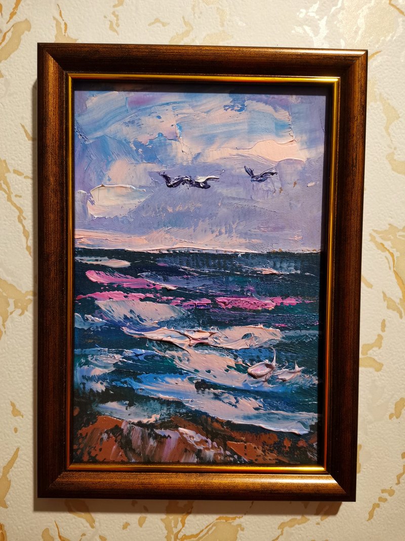 油絵 絵画 【夕日のカモメ】