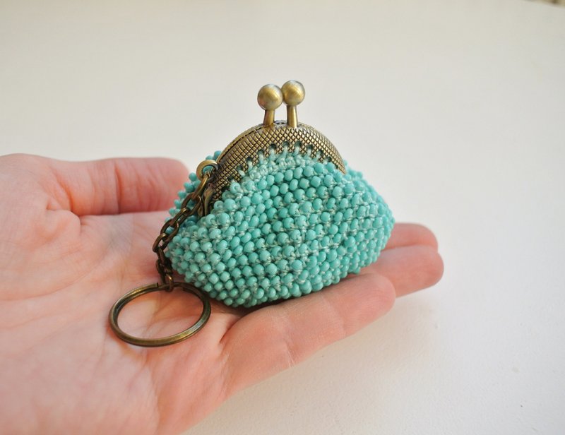 Coin purse, crochet purse, light blue wallet, beaded clasp purse,  keychain - กระเป๋าใส่เหรียญ - วัสดุอื่นๆ สีน้ำเงิน