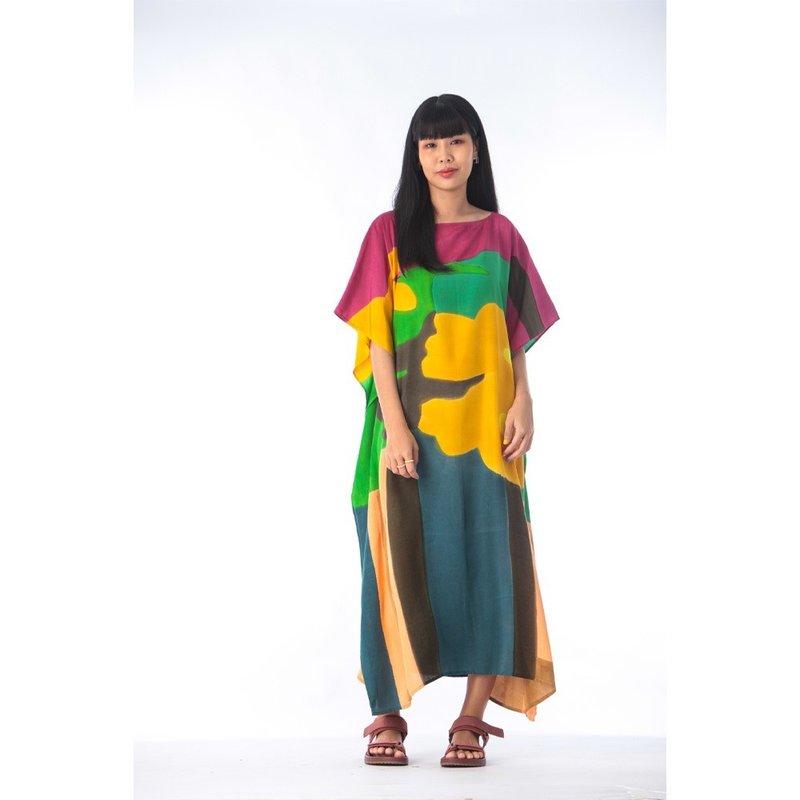 Hand Painted Cotton Silk Kaftan for Summer Resort Vacation Free Size - 洋裝/連身裙 - 棉．麻 綠色