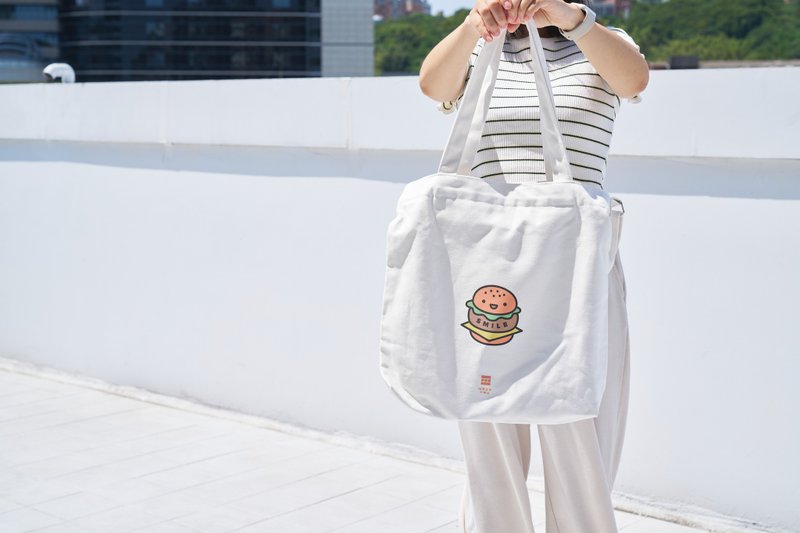 Four Food No. 5 Breakfast Shop - Lunch Bag - Shoulder Bag Smiling Burger Pattern (Single Side Printing) - Handbags & Totes - Cotton & Hemp Yellow