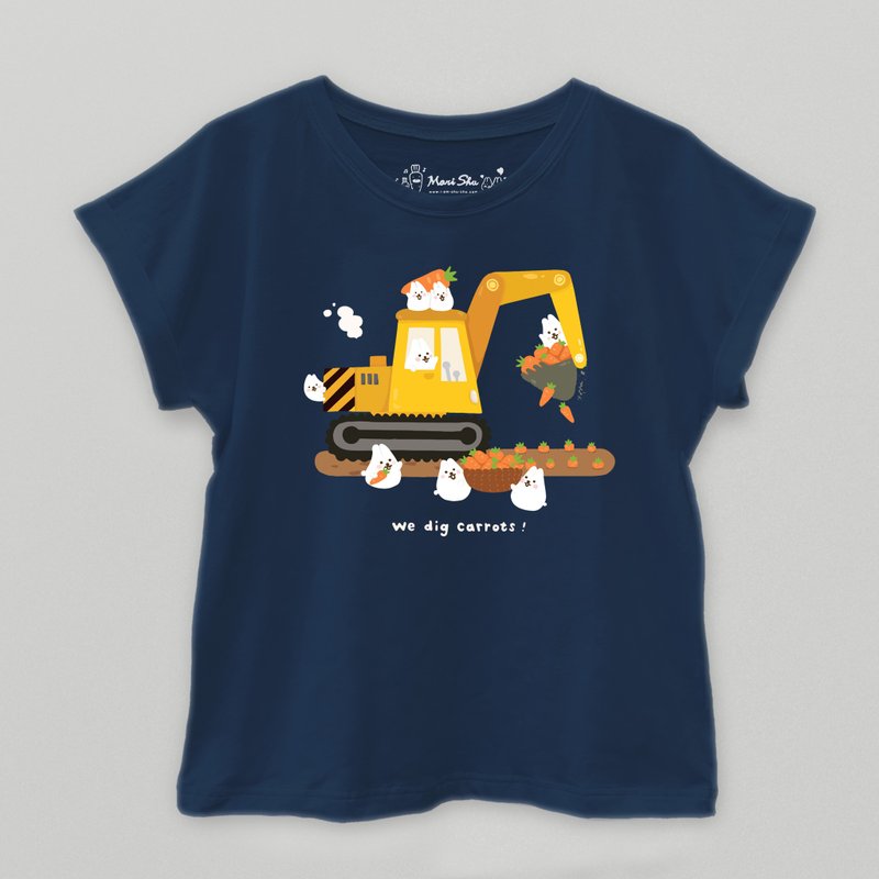 Mochi Rabbit Excavator T-shirt - เสื้อผู้หญิง - ผ้าฝ้าย/ผ้าลินิน สีน้ำเงิน