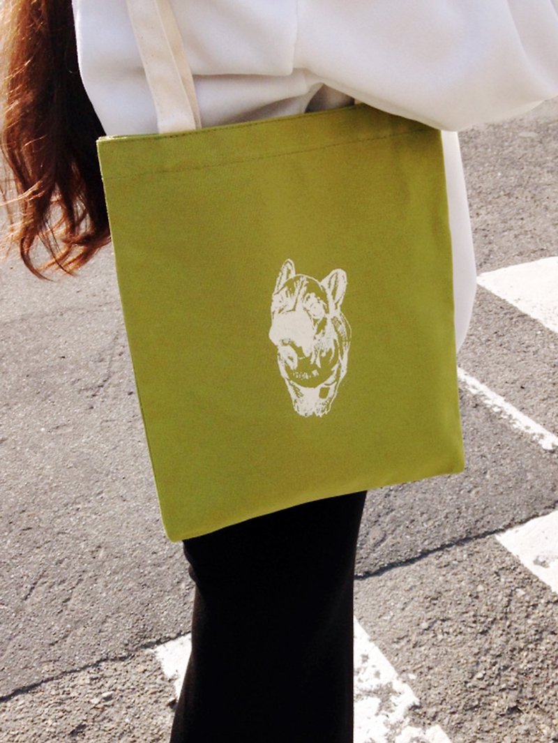 Please please please, Handmade screen printing grass green canvas shoulder bag - กระเป๋าแมสเซนเจอร์ - ผ้าฝ้าย/ผ้าลินิน สีเขียว