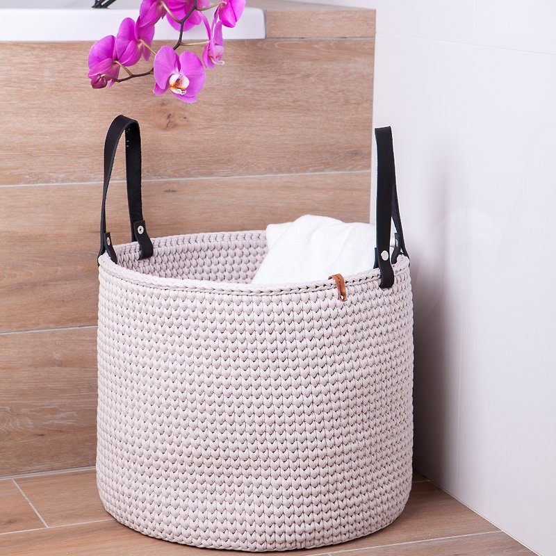 Large laundry basket with leather handles. Storage basket. Blanket basket - ผลิตภัณฑ์ซักผ้า - ผ้าฝ้าย/ผ้าลินิน 