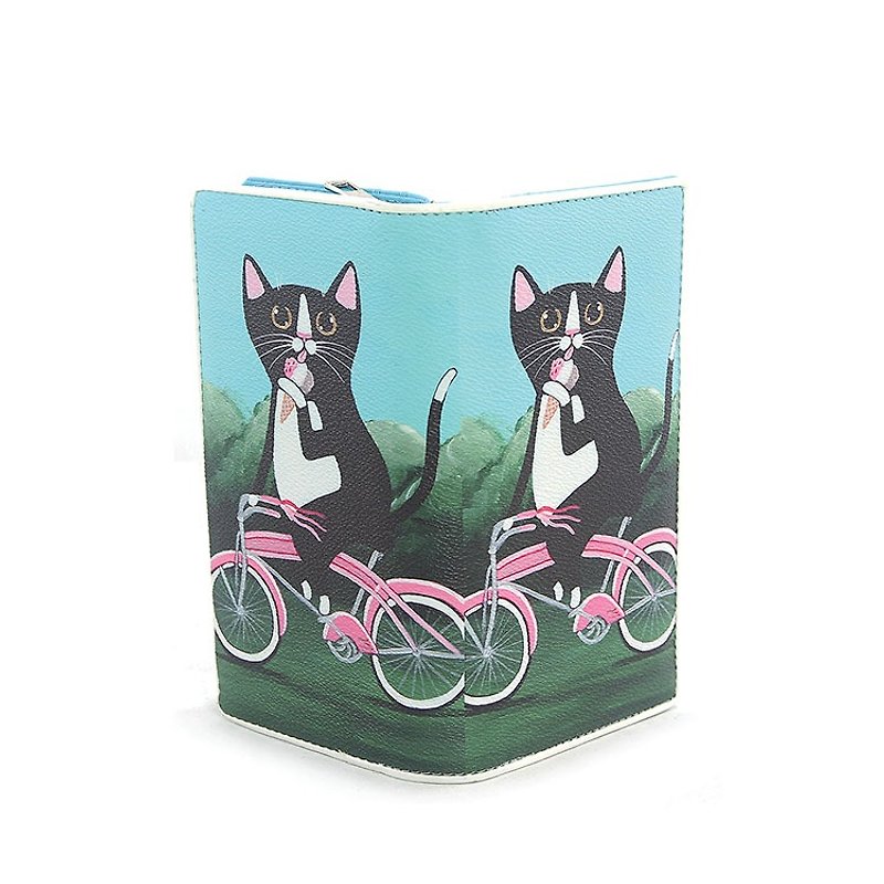 騎腳踏車的貓咪童趣長夾  現貨販售 - Ashley. M 愛雪莉 - 銀包 - 真皮 藍色