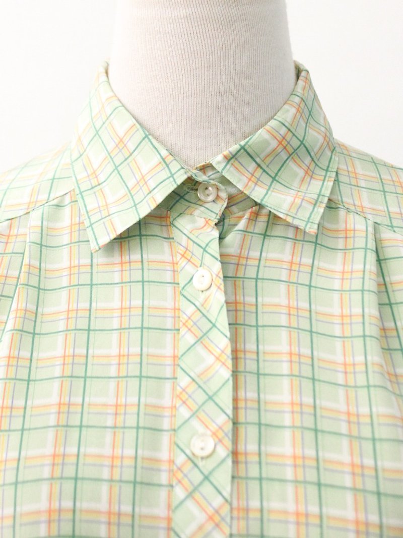 Retro Japanese Made Lovely Apple Green Plaid Plaid Shirt Vintage Vintage Blouse - Women's Shirts - Polyester Green