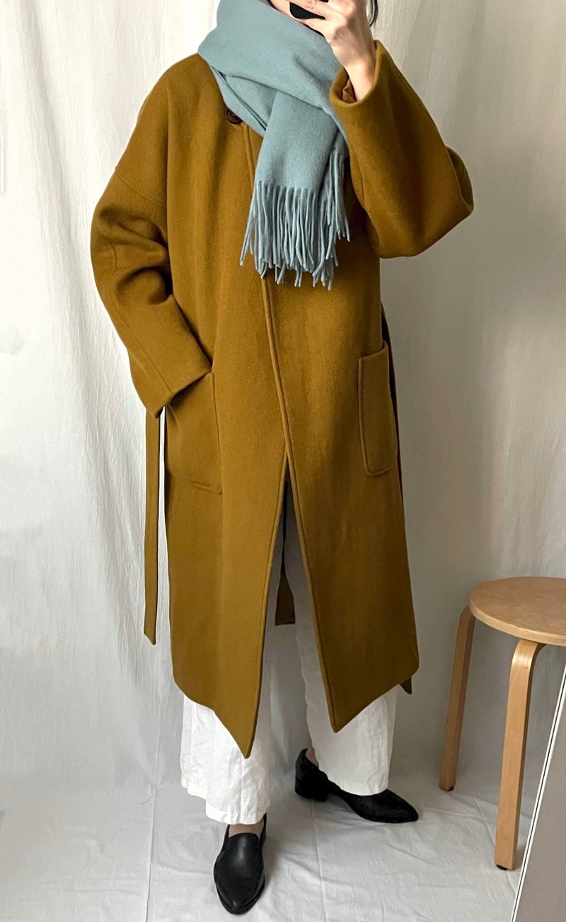 【 量身訂製 】Theory Coat 芥末綠 單扣腰帶式羊毛大衣 多色 - 女大衣/外套 - 羊毛 卡其色