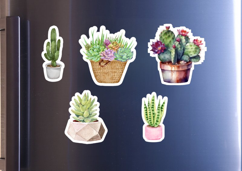 Refrigerator Magnet Set or Sticker Set - Cactus Succulent Flower Refrigerator Magnet Set - 5 Pieces - Water - แม็กเน็ต - วัสดุอื่นๆ หลากหลายสี