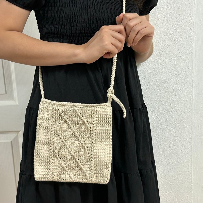 cotton crochet bag - กระเป๋าแมสเซนเจอร์ - ผ้าฝ้าย/ผ้าลินิน ขาว