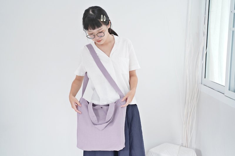 Casual 2 Ways Linen Tote Bag (Violet) - 側背包/斜背包 - 亞麻 紫色