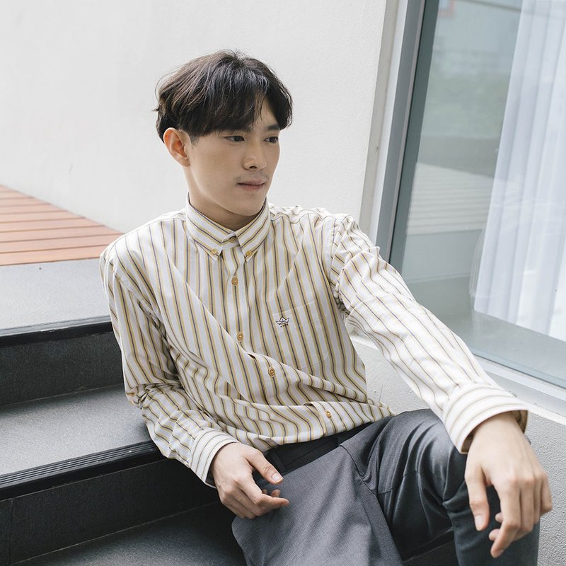 (SIZE S, M) SHIP // yellow stripe // men slim fit - 男襯衫/休閒襯衫 - 棉．麻 黃色