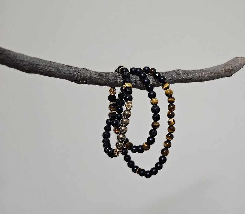(3 circles) Yellow Stone X black agate X black volcanic rock X Bronze X pure silver plated 24K gold chain - Bracelets - Other Materials Black