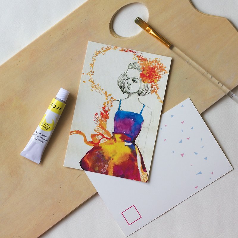 Postcard/ Romance Modern Girl with Flower under the sun illustration - การ์ด/โปสการ์ด - กระดาษ สีส้ม