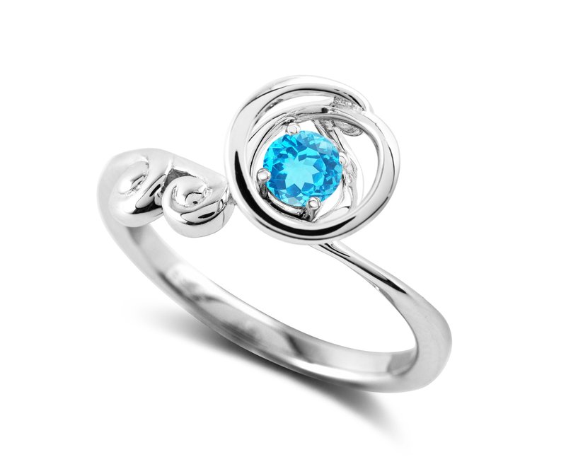 Blue topaz ring for women-Solitaire March birthstone ring-Circle wave silver - General Rings - Sterling Silver Blue