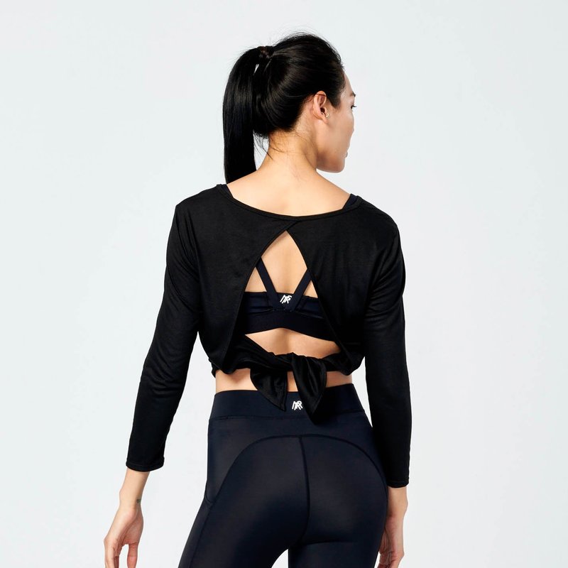 Thin Long Sleeve Top with Back Tie-Black - ชุดกีฬาผู้หญิง - เส้นใยสังเคราะห์ สีดำ