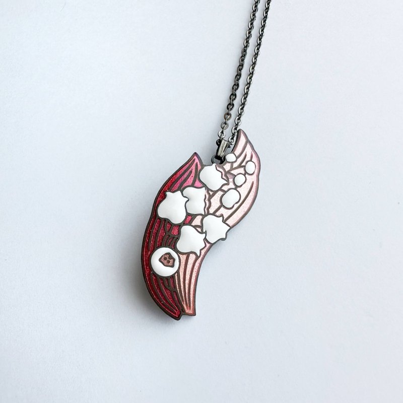 Lily of the valley [Red] Cloisonne pendant Red copper metal cloisonne - Necklaces - Glass Red