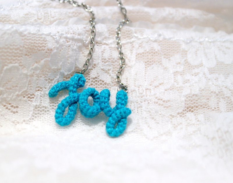 Joy Necklace Crochet Inspirational Word Pendant Aqua Blue - Necklaces - Thread Blue