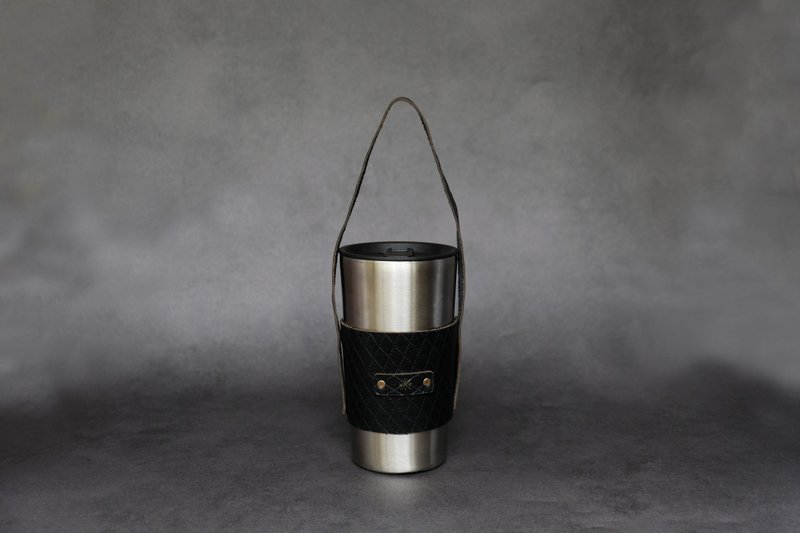 UNIC Classic Rhombus Beverage Bag/Traveler Accompanying Cup Set【Customizable】 - Beverage Holders & Bags - Genuine Leather Black