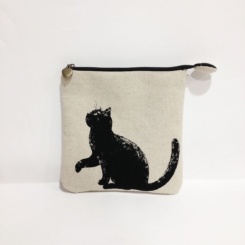 棉麻 黑貓 方形萬用袋 - 化妝袋/收納袋 - 棉．麻 黑色