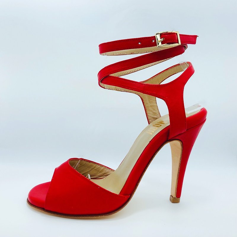 Dinara Roja 雙交叉正紅色涼鞋款(一般楦) - 高踭鞋 - 真皮 紅色