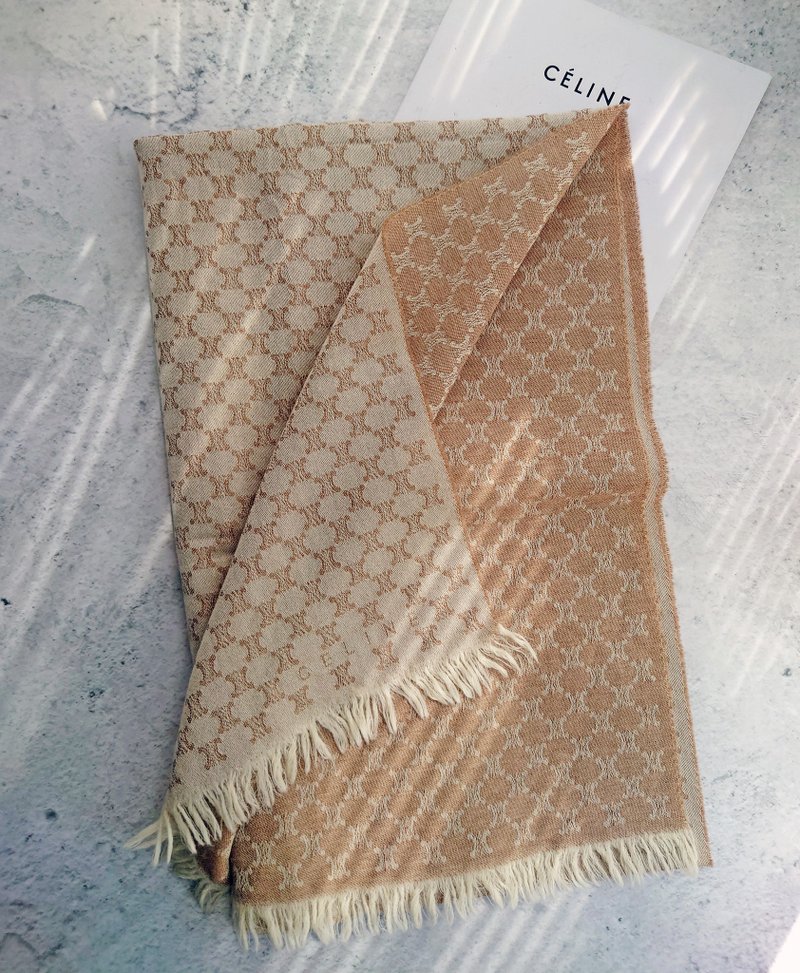 中古孤品 CELINE 老花凱旋門 羊毛 毛毯蓋毯頸巾圍巾領巾圍脖披肩 - 圍巾/披肩 - 羊毛 卡其色