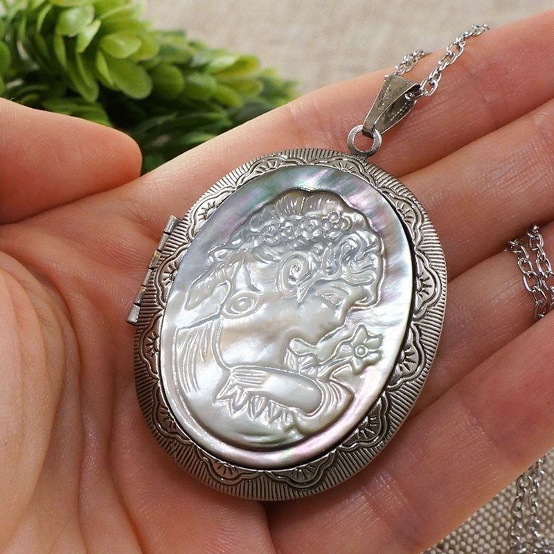 White Gray Mother of Pearl Lady Girl Cameo Photo Locket Pendant Necklace Jewelry - Necklaces - Other Materials Silver