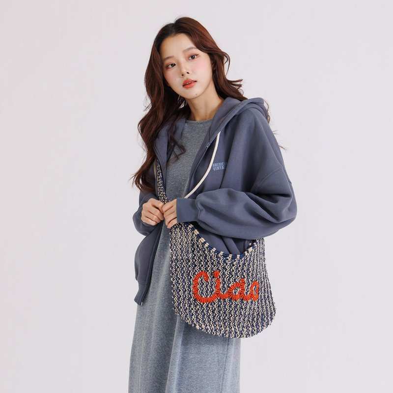 【The Jacksons】Ciao 編みバッグ - Drusilla - ダークブルー＆シナモンオレンジ - ショルダーバッグ - コットン・麻 ブルー