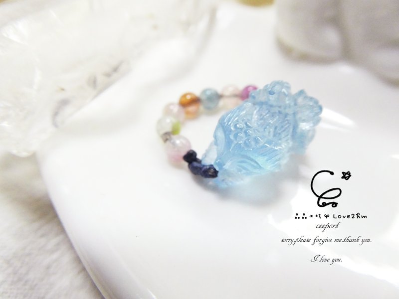 晶晶工坊*Love2hm【桃花繫】 海水藍寶 糖果碧璽 九尾狐戒指 - 戒指 - 寶石 藍色