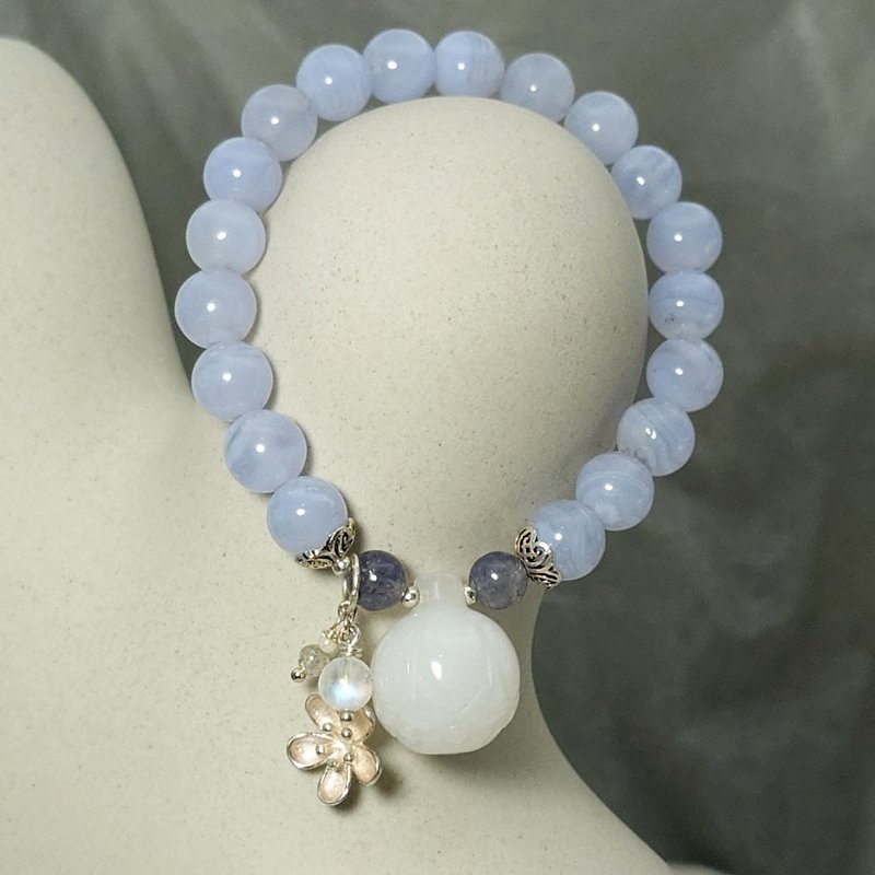 Bracelet Hetian jade blue agate cordierite moonstone hand beads 925 silver flower natural Gemstone - Bracelets - Gemstone 