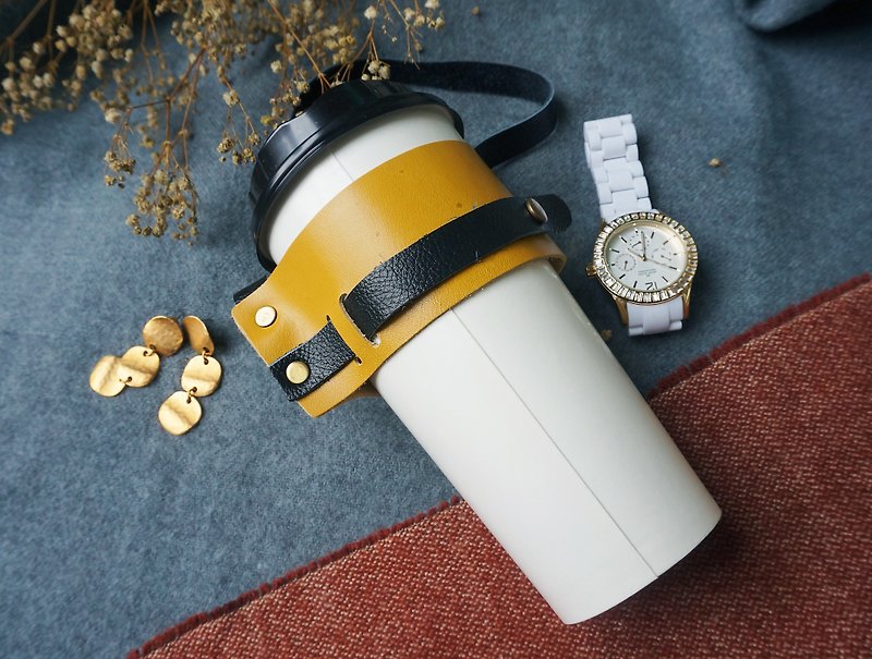 Leather Eco Cup Set - Queen Bee (Dark Yellow + Black) - Beverage Holders & Bags - Genuine Leather Yellow