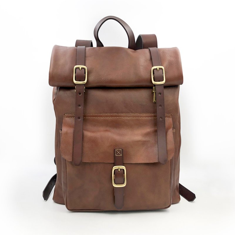 Handmade vegetable tanned leather-rolled backpackleather backpack - Backpacks - Genuine Leather Multicolor