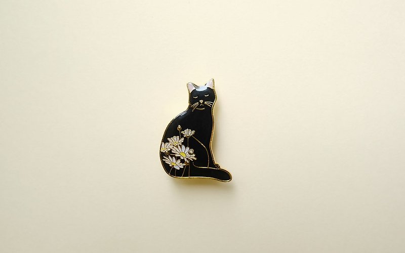 Summer Daisy Cat Enamel Pin, Badge, Brooch, Pin, Accessories - เข็มกลัด - วัตถุเคลือบ สีดำ