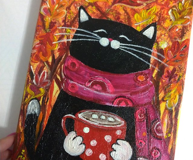 猫の絵 オリジナルアクリル画 黒猫 ウォールアート 面白いコーヒー猫 ショップ IrisArt ポスター・絵 Pinkoi