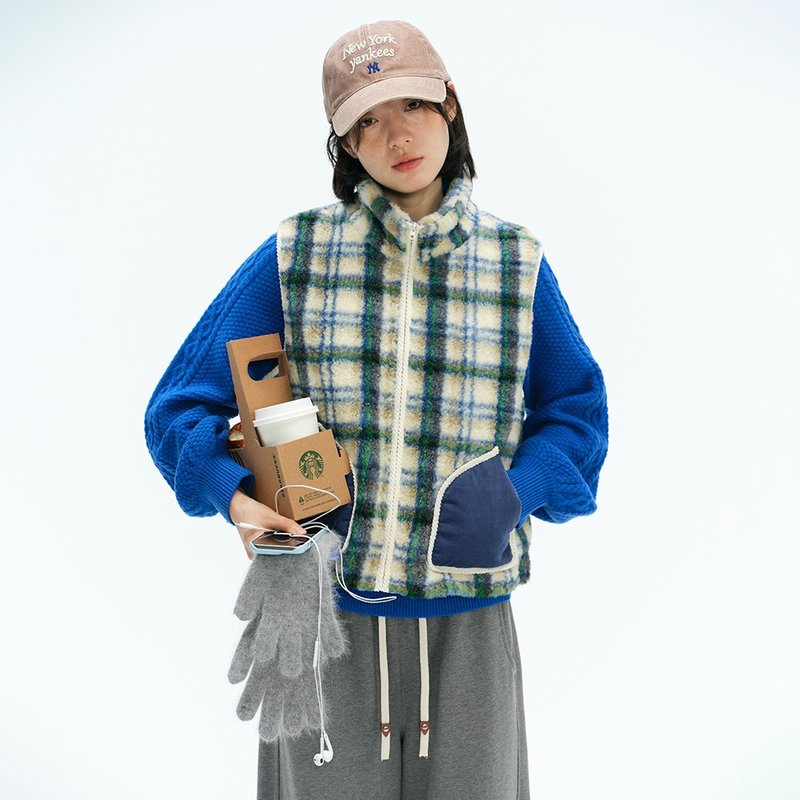 チェック柄フェイクボアベスト | ジレ | 冬物 | Sora-1937 - ベスト - その他の化学繊維 