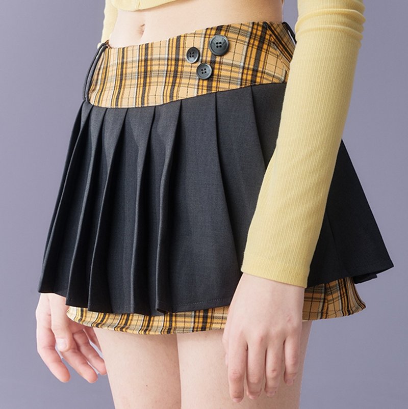 French elegant pleated skirt half-length skirt A-line high waist yellow plaid patchwork short skirt - กระโปรง - วัสดุอื่นๆ สีดำ