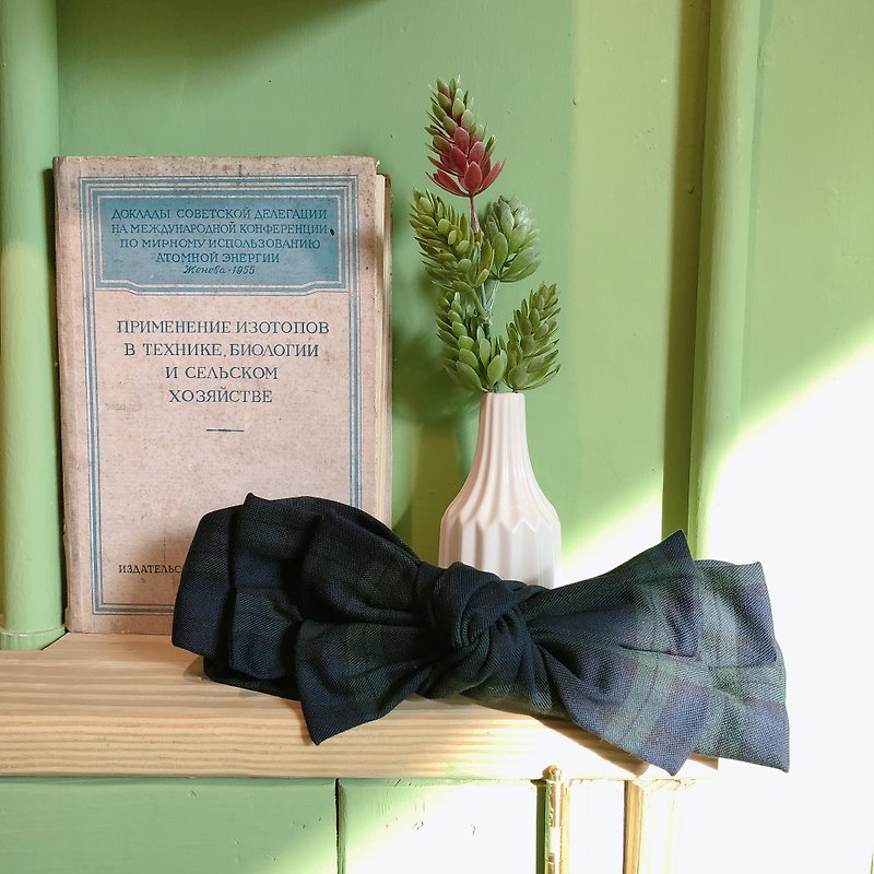 蘇格蘭 深綠色格紋 雙層大蝴蝶扭結髮帶 ggoomstudio - 髮帶/頭箍 - 棉．麻 綠色