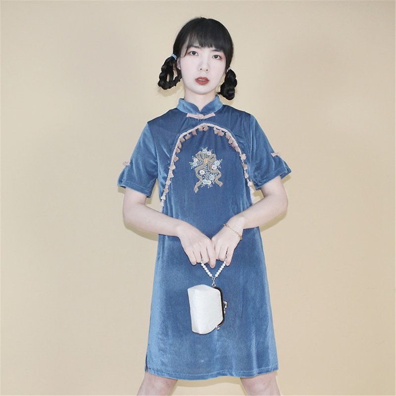 Blue fringed suede contrast ethnic short slim cheongsam new Chinese girlish style improved dress one-piece dress - Qipao - Other Man-Made Fibers Blue