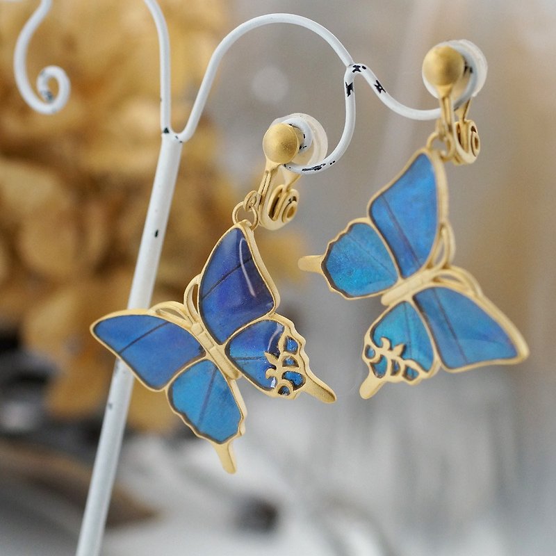 Large antique Clip-On morpho butterflies - ต่างหู - โลหะ สีน้ำเงิน