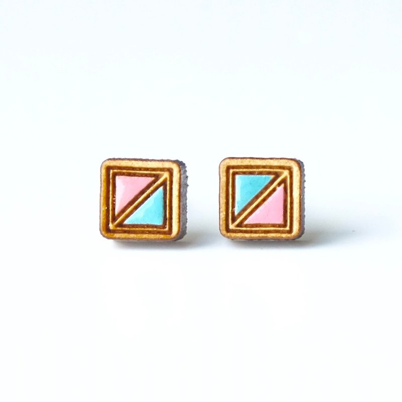 彩繪木耳環-三角正方形(粉紅粉藍) - 耳環/耳夾 - 木頭 粉紅色