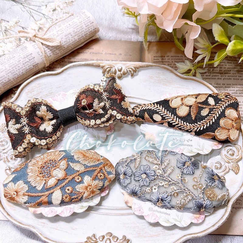 印度刺繡髮夾 - 髮夾/髮圈 - 繡線 藍色