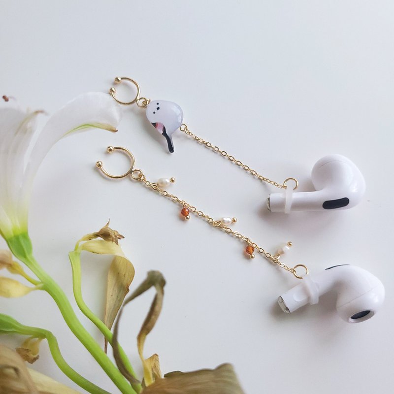 Bird Series- Silver-throated Long-tailed Tit/Headphones Anti-Lost Chain - Earrings & Clip-ons - Resin 