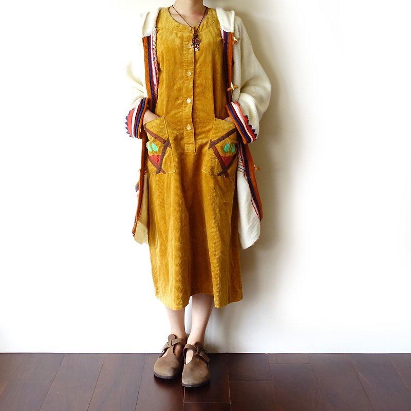 BajuTua / vintage / khaki suede patchwork vest skirt - ชุดเดรส - ผ้าฝ้าย/ผ้าลินิน สีส้ม