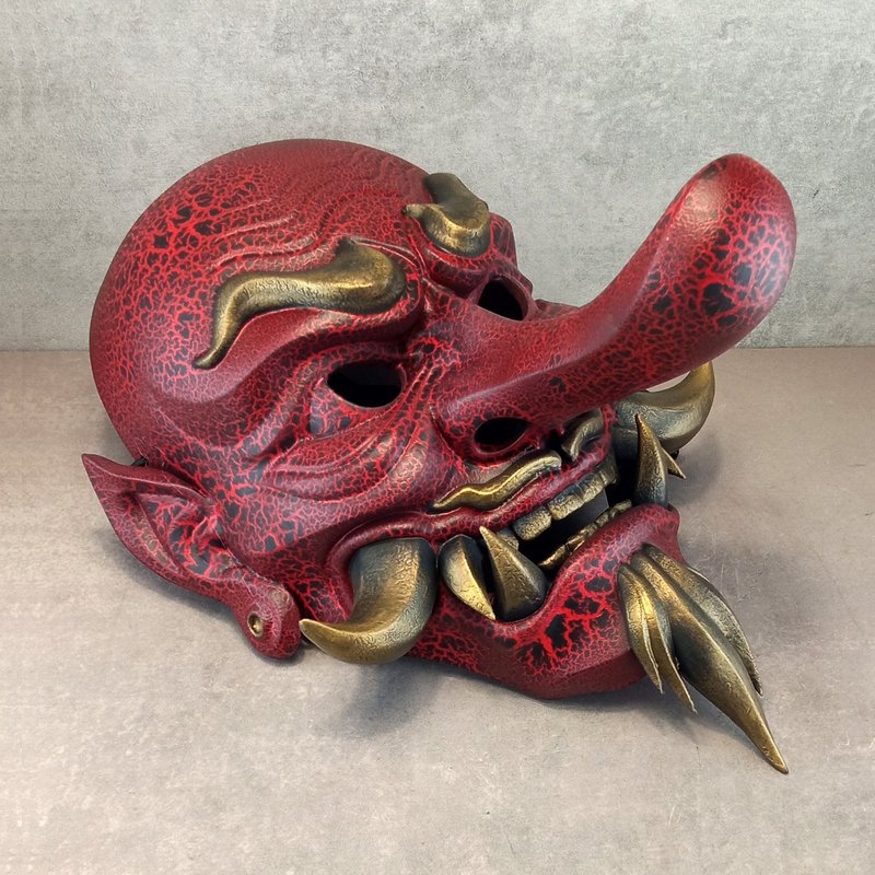 Red Cracked Tengu Demon Mask with Golden Fangs - 口罩/口罩收納套 - 塑膠 紅色