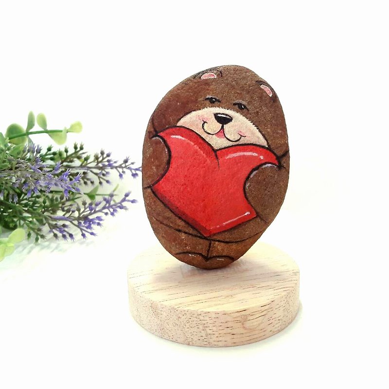 Bear with Heart Stone Painting,Art for Gifts. - Stuffed Dolls & Figurines - Stone Red