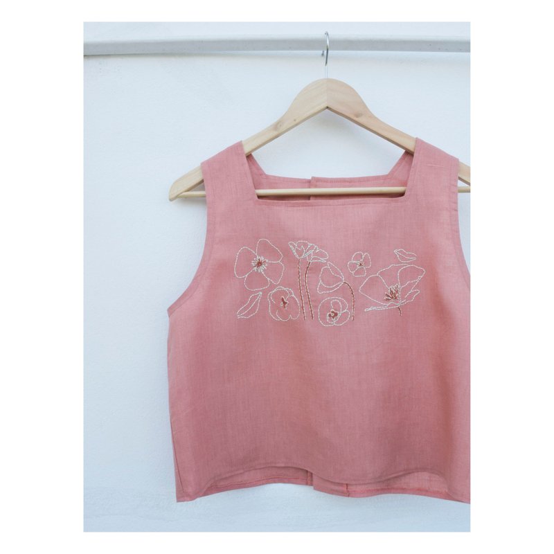 Linen shirt, sleeveless, square neck, pink - 女上衣/長袖上衣 - 棉．麻 粉紅色