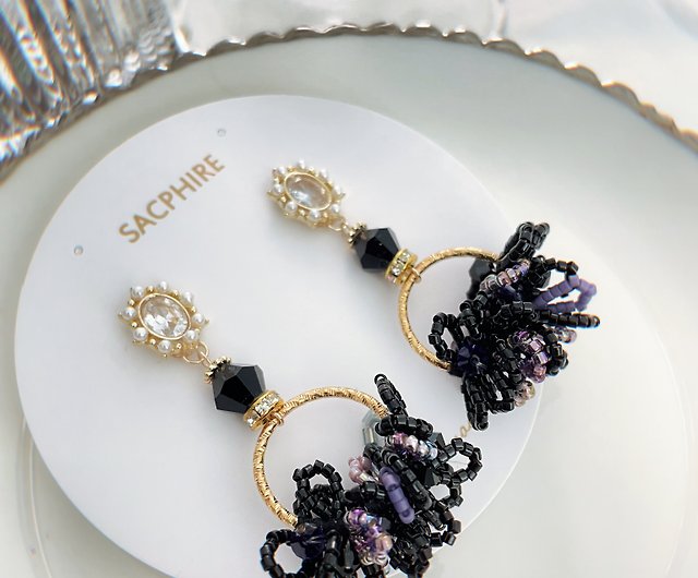 Dark purple-black hand-made beads earrings