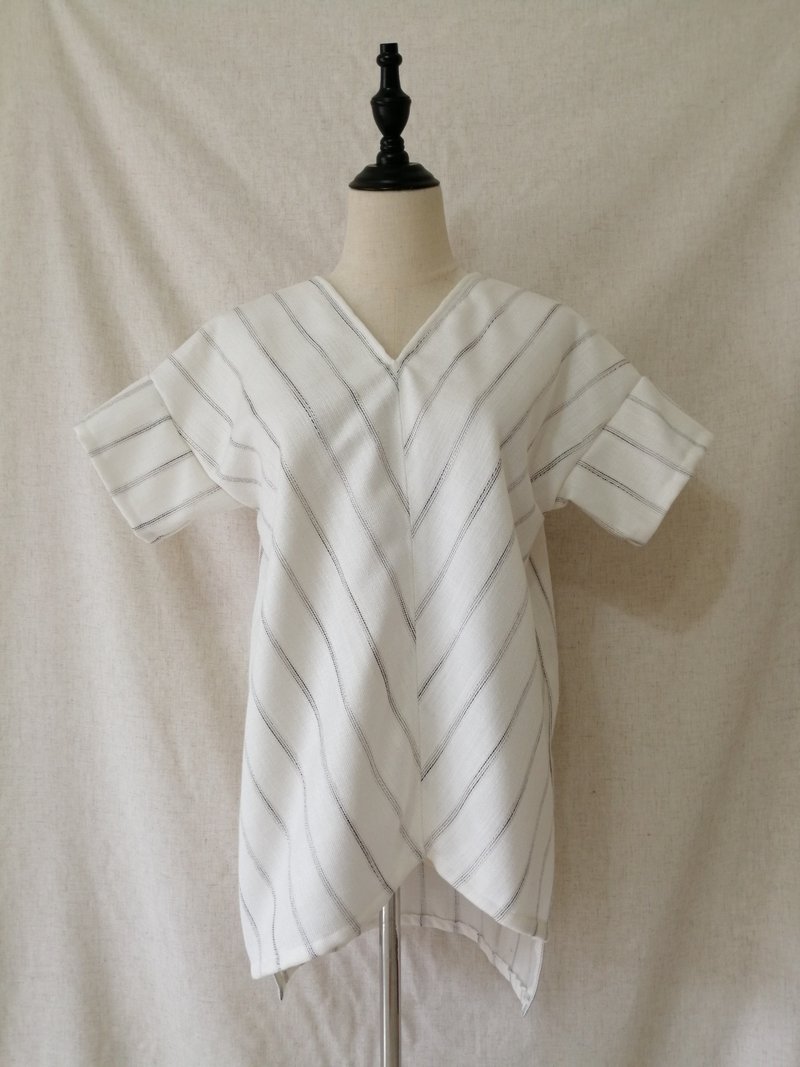 Designer collection 條紋拼接不規則下擺落肩袖上衣 - 女上衣/長袖上衣 - 其他人造纖維 白色