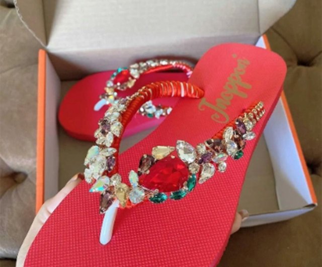 Red flip flops hot sale with rhinestones