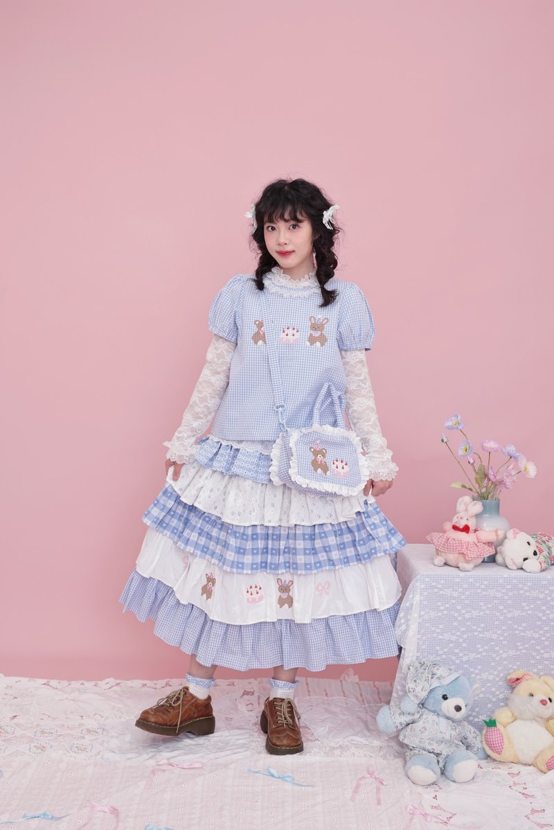 甜美少女 小熊刺繡蛋糕半裙 - 裙子/長裙 - 其他材質 藍色